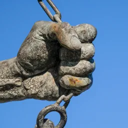 Close-up of the Imre Soós statue's hand.