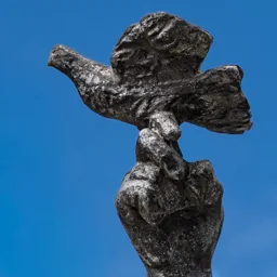 Close-up of the girl's raised hand releasing a dove.