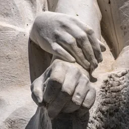 Close-up of the worker's and his wife's resting hands.