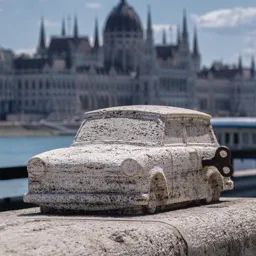 Stone sculpture of Rusty Old Wind-Up Toy beside the Danube.